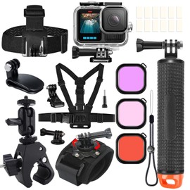 ShipeeKin Accessory Set Kit for GoPro Hero 13 12 11 10 9 Waterproof Diving Housing Underwater Floating Handle Chest Strap Head Strap Wrist Strap Fence Clamp Cap Clamp Red Filter Anti-Fog Inserts