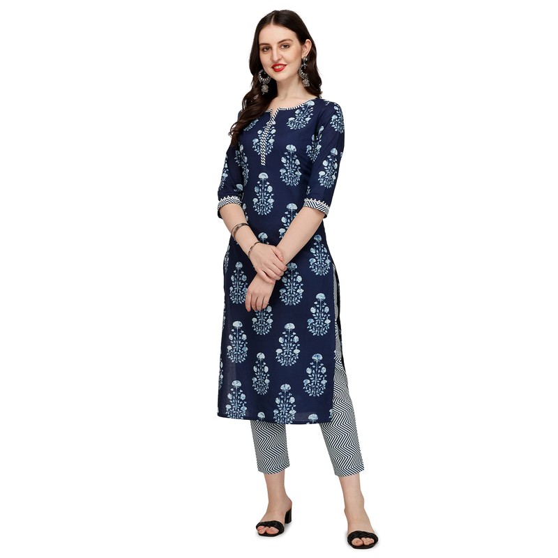 FIORRA Kurta recto de algodón puro con pantalón SET0046 para