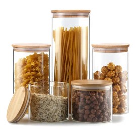 5 Recipientes Herméticos De Cristal Con Tapa De Madera Bambú                                                                                          