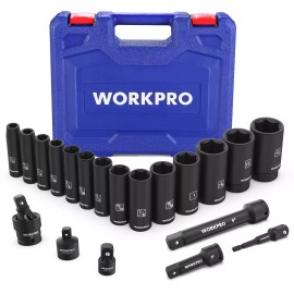 WORKPRO 20-Piece 1/2＂ Drive Deep Impact Socket Set, 6-Point, Cr-V Steel, 10-27mm