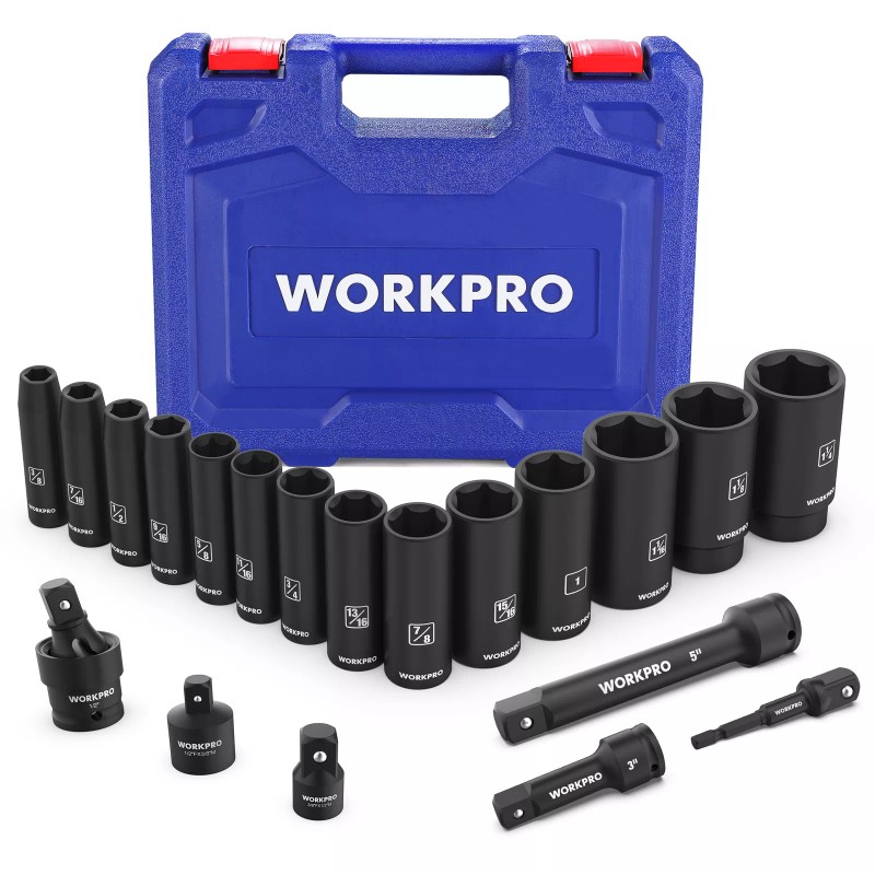WORKPRO 20-Piece 1/2＂ Drive Deep Impact Socket Set, 6-Point, Cr-V