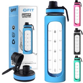 32 oz Glass Water Bottle with Time Marker Reminder - EXTRA LID, Reusable, Wide Mouth, Leakproof, 1 Liter Glass Drinking Bottle, BPA Free, Motivational Water Bottles for Hydration (Blue Sleeve)