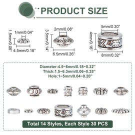 PandaHall 420pcs Tibetan Metal Beads 14 Styles Silver Spacer Beads Daisy Snowflake Rondelle Beads Jewelry Beads Charm Spacer Alloy Beads Loose Beads Kit for Bracelet Necklace Earrings Jewelry Making