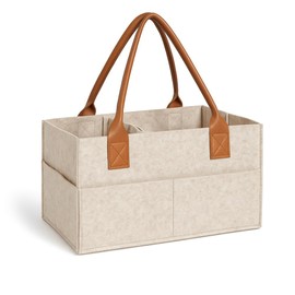 PRIMERA COLLECTIONS - Felt Diaper Caddy, Organizer Bag with leather handles – Nursery Storage Bin for Diapers, Wipes, and Baby Essentials, Portable, Baby Gift for Newborns, Color: Outmeal