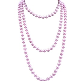KIFEDSLJ 1920s Long Pink Pearl Necklace - 59" x 8mm Imitation Pearls - Art Deco Gatsby Costume Jewelry for Women's Theme Parties