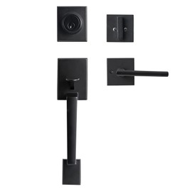Natsukage Front Door Handle Set Heavy Duty Entry Door Lock Set Matte Black Entrance Handle Set with Lock, with Single Cylinder Deadbolt and Lever Handle, Reversible for Right & Left Handed Doors