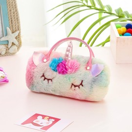 Newfancy Kids Girls Boys Fluffy Faux Fur Unicorn Eyeglass Case Plush Eyewear Glasses Case Hard Shell with Handle, One Size