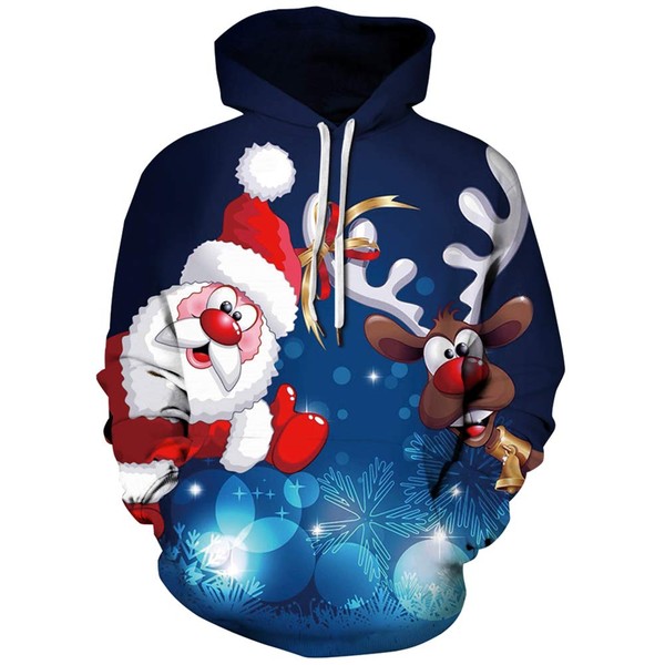 Carprinass Sudadera con capucha unisex de Navidad con estampado casual de canguro con bolsillo, Cláusula Santa Azul, L