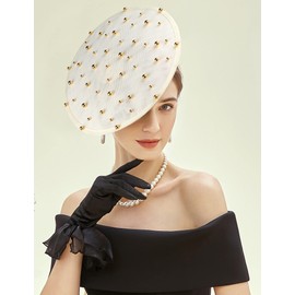 Coucoland Flat Fascinator Hats for Women - Elegant Ladies Fascinators Tea Party Funeral Church Saucer Hat, White / opulent garden