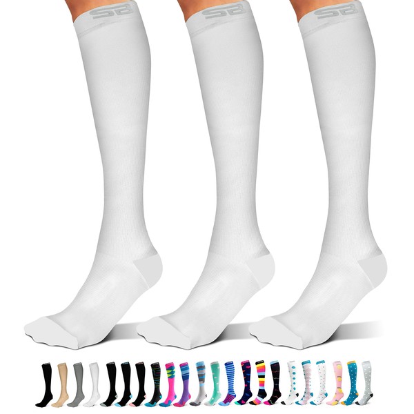 SB SOX 3-Pair Compression Socks (15-20mmHg) for Men & Women – Best Socks for All Day Wear! (L/XL, 04 – Solid White)