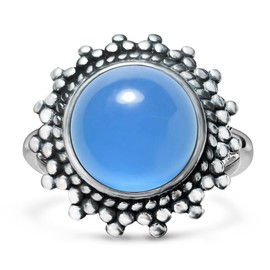 HQFJW Natural Round Stone Ring,Dainty Antique S925 Sterling Silver Crystal Quartz Gemstone Statement Ring for Women (A02_Blue Agate, 9)