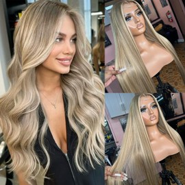 30 Inch Blonde Highlight Human Hair Lace Front Wig for White Women Straight 13x4 Frontal Pre Plucked Ombre Balayage Beige Blonde with White Platinum Highlight Real Human Hair Wig with Ash Brown Roots