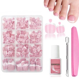 Fake Toe Nails Set - 240PCS Short Square False Toenails Kit With Glue - White French Tip Pink Glossy Full Cover Fake Toe Nails - 12Size Stick on Toenails Tip for Women Nail Art DIY