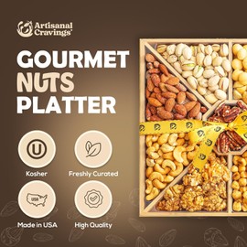 Gourmet Mixed Nuts Gift Basket in Sleek Bamboo Wood Reusable Platter | XL 2 lb Platter Includes 9 Assortments of Premium Nuts, Kosher