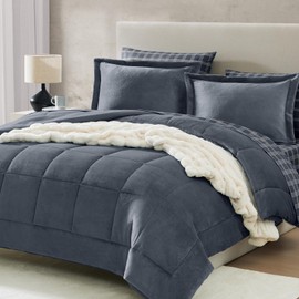 AMBERSPACE Fleece Queen Comforter Set-7 Pieces Bed in A Bag Queen,Blue Grey Plush Bedding Comforter Sets, Soft Warm Queen Comforter Set with Sheets,Comforter,Pillowcases and Shams