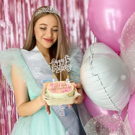 Hapdoo 15th Birthday Decorations for Girls, Including Birthday Rhinestone Crown Tiara, Glitter Sash with Pearl Pin, 15 Year Old Birthday Decorations Gifts for Girls, Silver