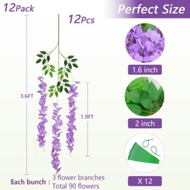 Siyaluens 12Pcs Artificial Wisteria Hanging Flowers, 3.6Ft/Pcs Purple Fake Wisteria Garland for Wedding Party Home Garden Indoor Outdoor Decoration
