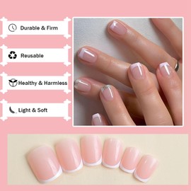 24Pcs French Tip False Nails - Press On Nails with Glue - Full Cover Nude White Square Stick onNails - Acrylic French Fake Nails for Women Girls Manicure Gift Set