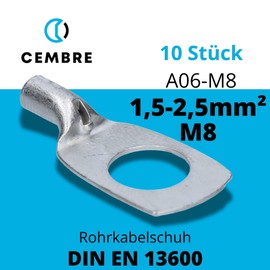 Kalitec A06-M8 Tube Cable Lug 1.5 - 2.5 mm² M8 Uninsulated Tin-Plated Copper Pack of 10