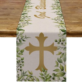 Pudodo Baptism Table Runner God Blessed First Communion Christian Cross Baby Shower Party Kitchen Dining Home Decoration (13" x 108", Green)