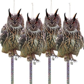 Kungfu Mall 4Pcs 5Pcs Fake Owl Hanging Owl, Bird Scare Reflective Hanging Decoration for Garden Patio, Plastic Owl Bird Deterrents with Reflective Tape to Scare Birds Away for Windows Tree