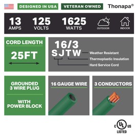Thonapa Weatherproof Green Extension Cord 25 ft 3 Outlets, 16/3 SJTW Outdoor Extension Cord with Multiple Outlets 25 Foot, 13 AMP Exterior Electric Cable 3 Way Plug for for Outdoor Lights, Landscaping