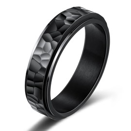 LYTTMAB Stainless Steel Silver Hammered Spinner Ring, Black Fidget Ring for Men, Titanium Anxiety Ring for Women, Hammered Ring, Spinning Ring, Size 12