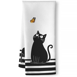 Cat Towel,Cat Kitchen Accessories,Cat Kitchen Towels,Black Cat Gifts for Women,Cat Hand Towel,Cat Dish Towels,Cat Mom Gifts,Fun Kitchen Towels,Funny Bathroom Hand Towels,Gifts for Cat Lovers for Women