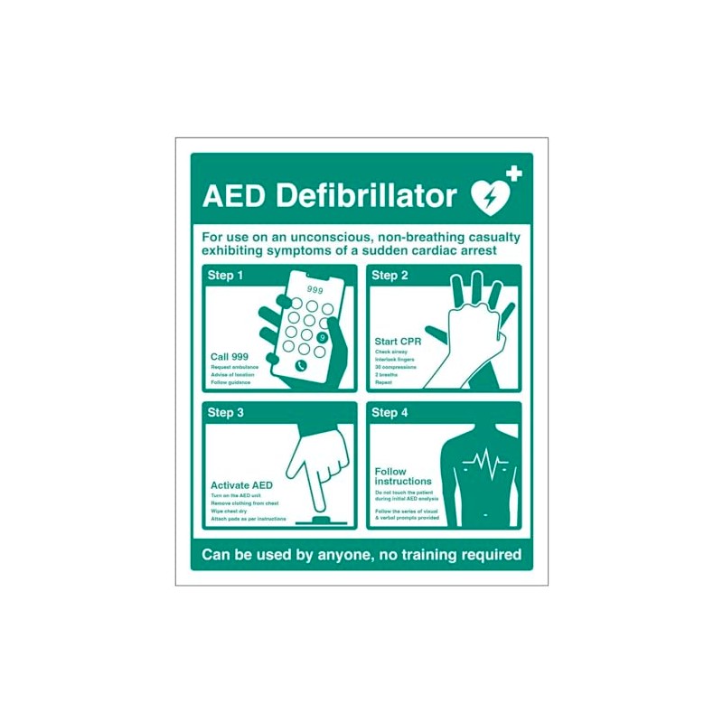 AED Defibrillator Instructions (semi rigid pvc safety sign)