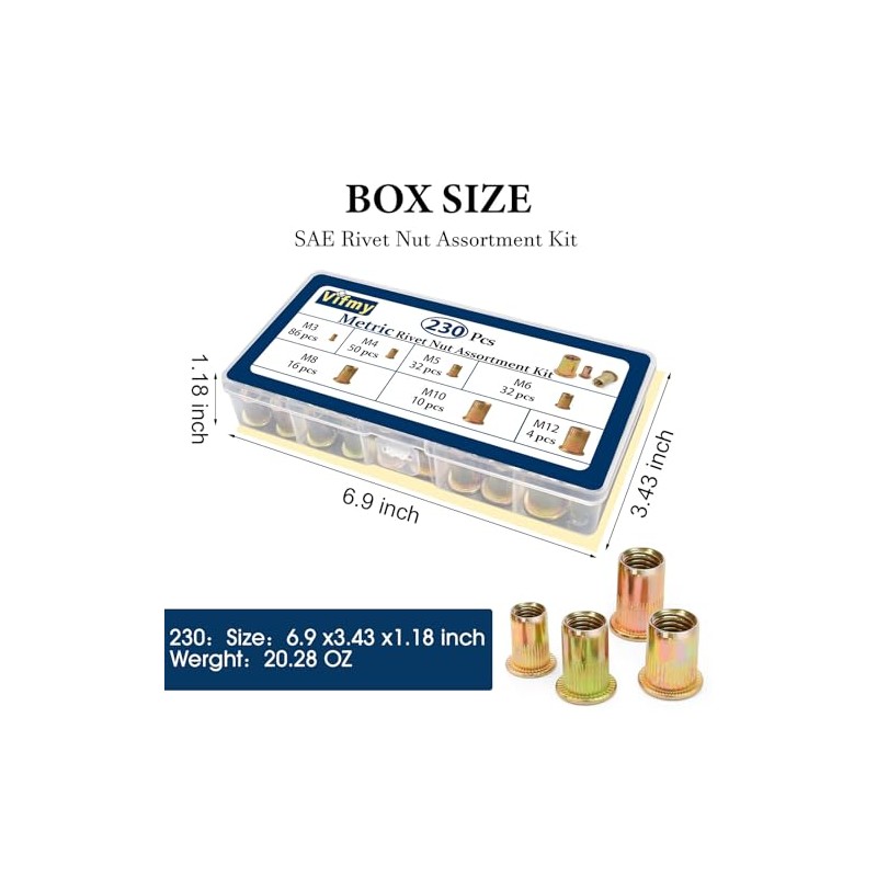 Kit de 230 tuercas de remache métricas, M3-M12, chapado en