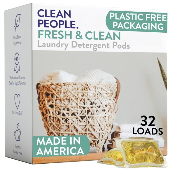 Clean People Laundry Detergent Pods - Recyclable Packaging, Hypoallergenic, Stain Fighting - Ultra Concentrated, Laundry Soap - Fresh Scent, 32 Pack