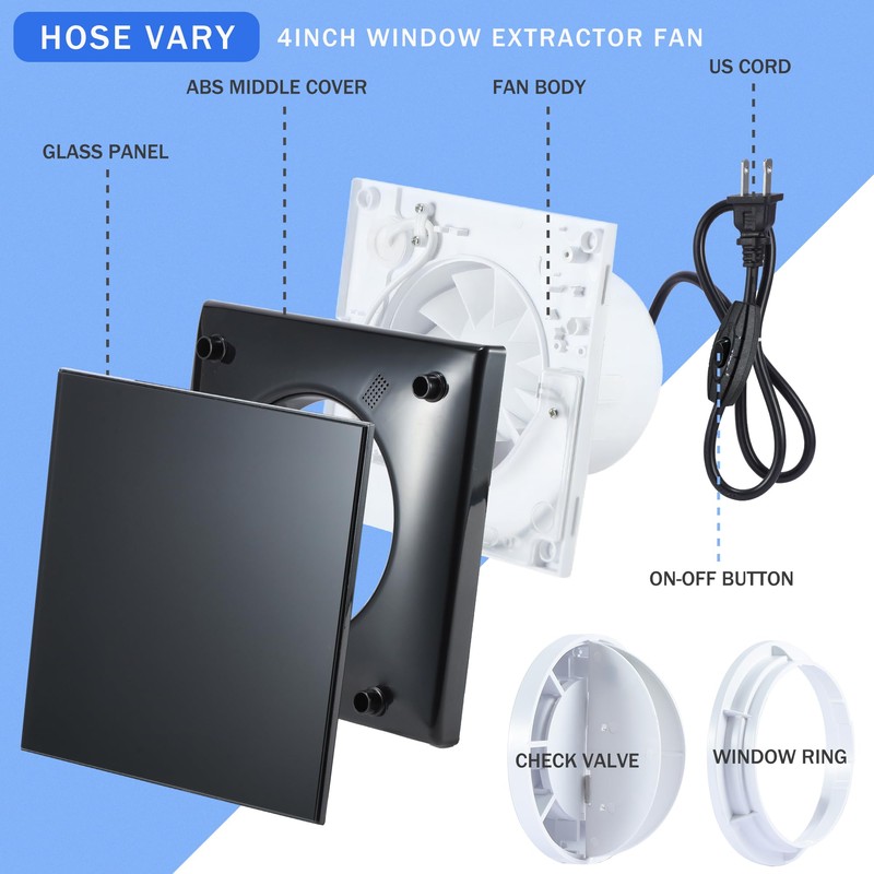 Hose Vary Upgraded Glass Panel, 4inch Window Wall Extractor Fan,