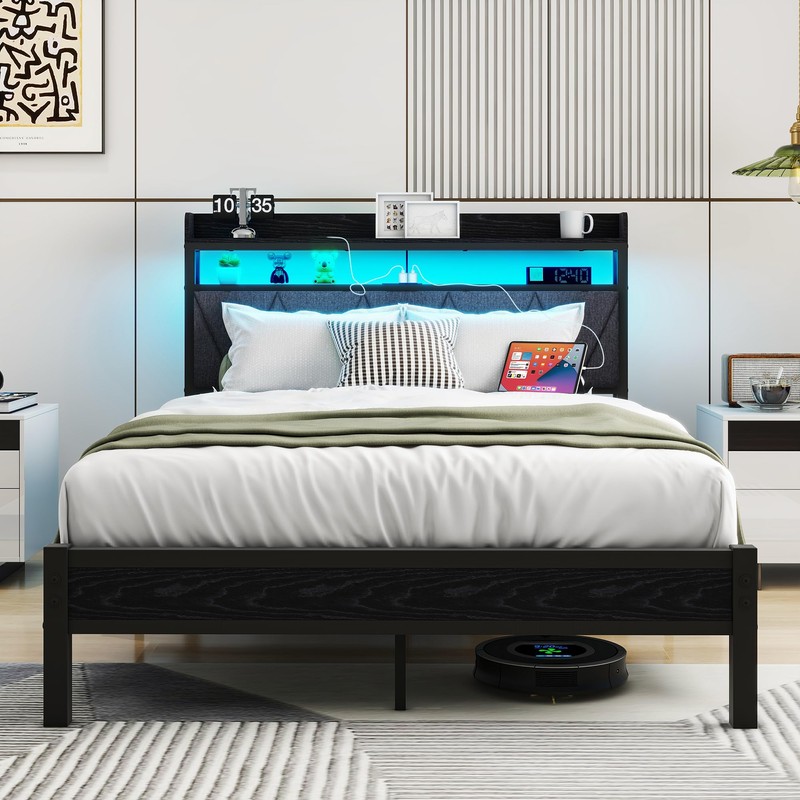 VERFARM Full Bed Frame with LED Lights Storage Upholstered Headboard