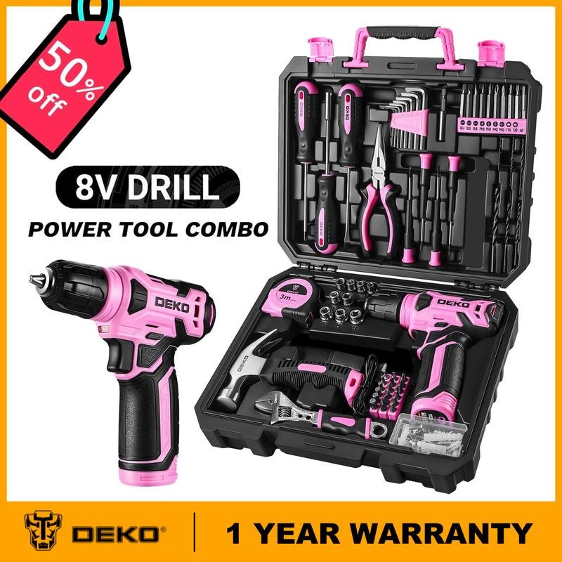 DEKO PinkTool 8V Cordless Drill Tool Kit for Women, 126-Piece
