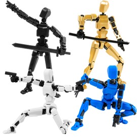 4Pack Assembled Titan T13 Action Figures Set - Lucky Dummy Nova 13 Action Figure Robot Anime Stick Figures Fidget Toys for Boys Multi Movable Joints Gifts Toys for Kids (Golden+White+Blue+Black)