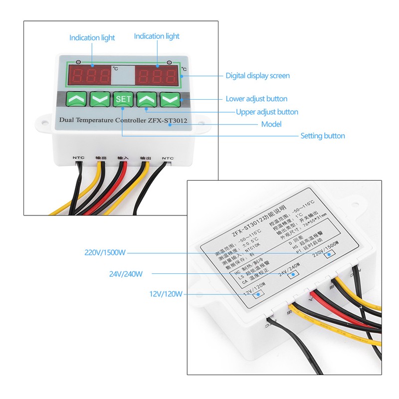ZFX-ST3012 Intelligent Digital Temperature Controller Dual Display Electric Microcomputer Thermostat(12V