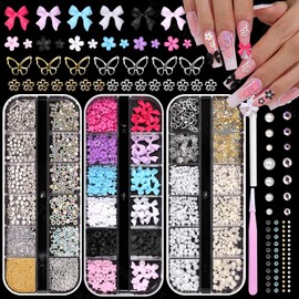 3 Boxes Colorful Flower Bow Tie Nail Charms and Gems, Mixed Sizes Tiny Flowers for Nails Flowers Nail Art Charms, Half Pearls Caviar Beads Gems Rhinestones Charms for Acrylic Nails Art Supplies