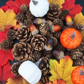 184Pcs Artificial Pumpkins Artificial Acorns Natural Pinecones Ornament Artificial Maple Leaves Set Autumn Table Decorations for Home Fall Harvest Halloween Thanksgiving Day Winter Christmas Wedding