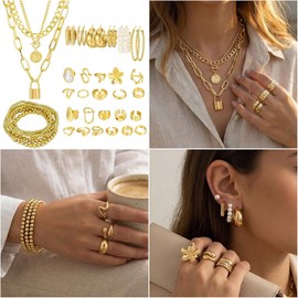 Conjunto de joyería floral llamativo que incluye collar de cadena y anillos Colección de joyería de línea moderna con aretes atrevidos y
