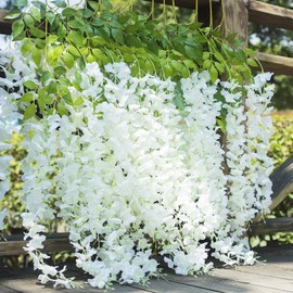 SMALUCK 12 Stems Artificial Wisteria Flowers Vine Fake Wisteria Garland Hanging Flowers for Wedding Garden Home Party Decorations, 12 Pack White