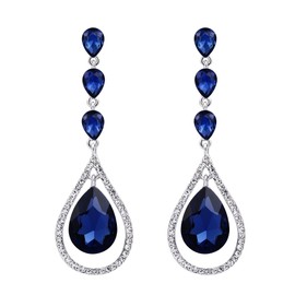 EVER FAITH Austrian Crystal Twist Leaf Hollow Out Teardrop Pierced Dangle Earrings Navy Blue Silver-Tone For Women