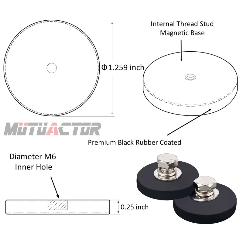 MUTUACTOR 4Pc Strong Rubber Coated Neodymium Magnets, Female Threaded Stud