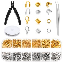 1200Pcs Crimp Beads for Jewelry Making,Crimp Beads and Covers, Crimp Tubes and Wire Guardians, Lobster Clasps, Jump Rings, Crimping Pliers and Beading Wire DIY Bracelet Earring Making