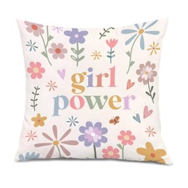 XUNLURY Girl Power Boho Floral Pillow Covers 18x18, Boho Girls Room Decor, Girls Decorative Pillow Covers, Female Women Empowerment Gifts, Inspirational Pillow Covers for Girls Room Nursery Playroom