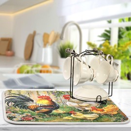 Rooster Flowers Dish Drying Mat 16 X 18 Inch Farm Cock Chick Floral Kitchen Rack Mats Dry Dishes Pads Tableware Mat Absorbent Microfiber Protector for Kitchen Countertops Counter Home Decor