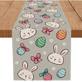 QIONG MENG Easter Table Runner Eggs Bunny Gray Table Decoration for Home Seasonal Spring Holiday Indoor Kitchen Dining Decor 13x72 Inch
