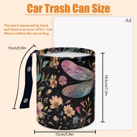 DELORIGIN Dragonfly Flower Car Trash Can Waterproof Garbage Can Car-Seat Back Hanging Trash Bag Portable Camping Waste Bin Storage Bag Collapsible Rubbish Container for Women Man Car (5.9" W,7.2" H)