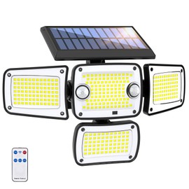 JumJam Solar Lights Outdoor, 4 Heads Motion Sensor Light with Remote Control, 342 LEDs Waterproof Security Light with 2 Motion Sensors, 3 Modes Flood Lights for Garden Backyard House Outside