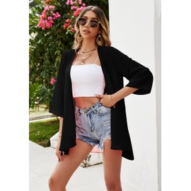 Ietaoo Women's Long Cardigan Floral Kimono Cardigan Summer Boho 3/4 Sleeve Cardigan Beach Cover Up, Solid black