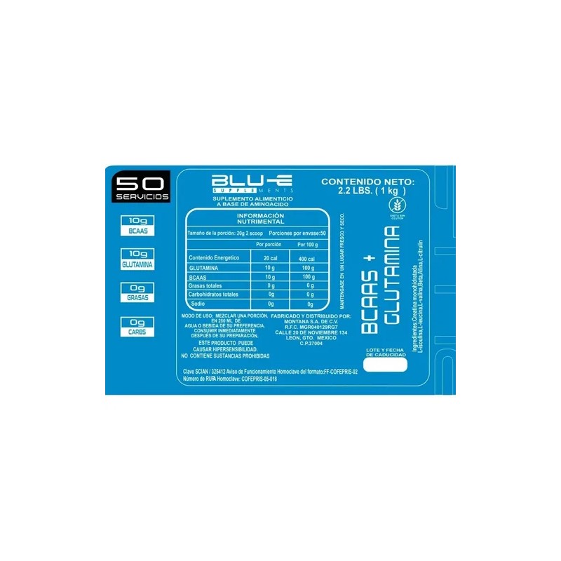Aminoácidos Bcaas + Glutamina Blu-e 1kg Varios Sabores Full